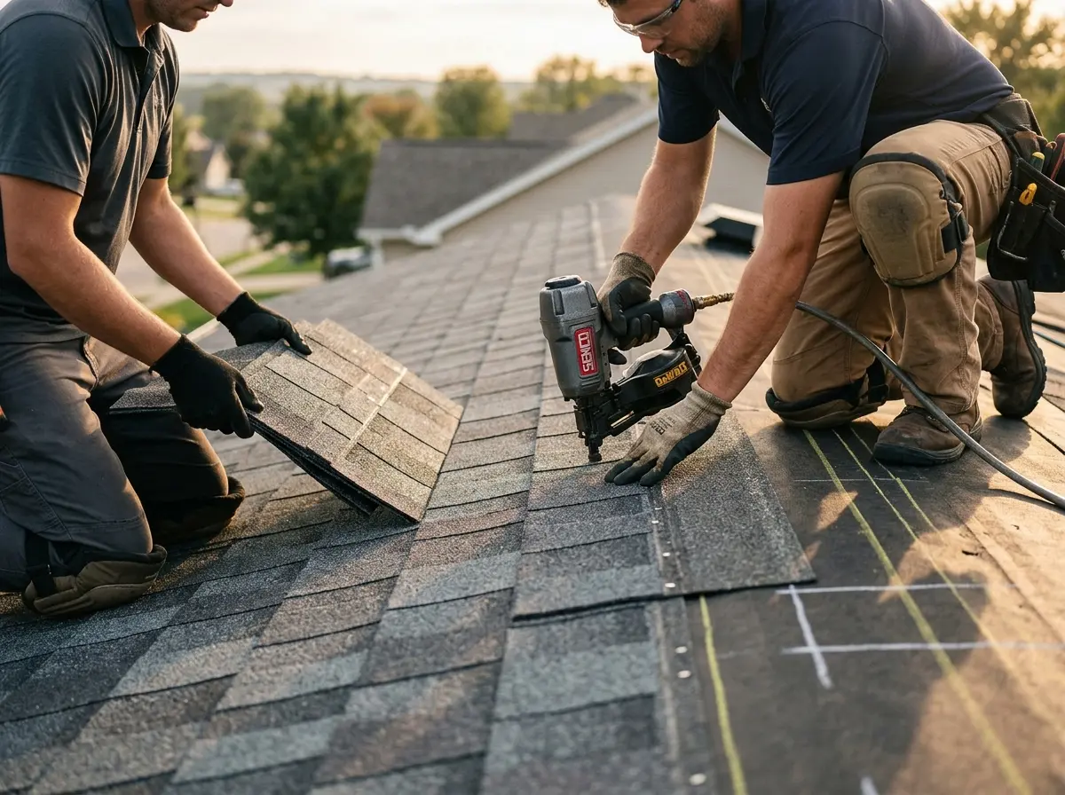Professional roofer working on a residential roof in Sartell